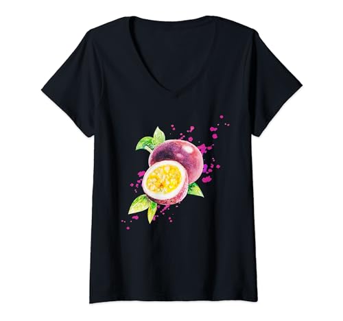 Femme Motif fruit de la passion | Maracuja Graphique Aquarelle T-Shirt avec Col en V