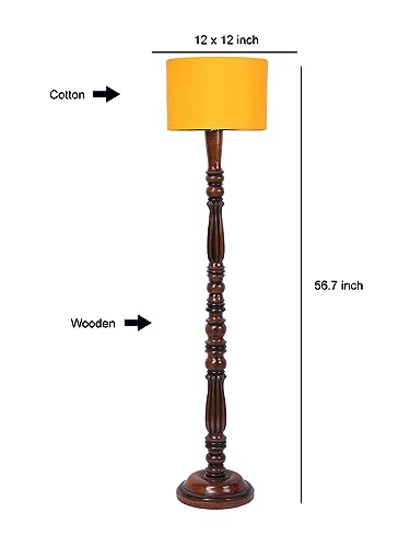 Image of Cotton Shade Floor Lamp with Wooden Base - Height 56 Inches, Yellow | Modern Standing Lamp for Living Room, Bedroom, Office | Stylish & Decorative Home Lighting | Elegant Decor