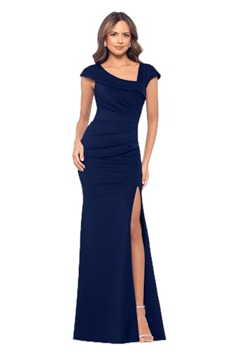 Image of Xscape Women's Asymmetrical Neck Cap Sleeve Ruched High Slit Gown, Midnight, 12P