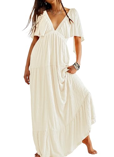 Kikibell Women Summer Dresses Sexy V-Neck Maxi Dress Tiered Silhouette with Flutter Sleeve Backless Elastic Waist Flowy Dress