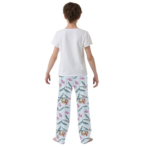 Sloth Hibiscus Floral Boys Long Pants Soft Trousers Elastic Waist Kids Lounge Bottoms with Pockets S-XL3