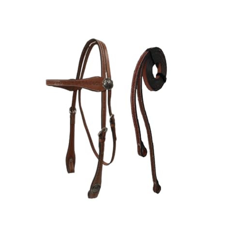 Tahoe Tack Barbwire Leather Western Hand Tooled Browband Headstall with Matching Split Reins