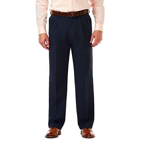 Haggar Men's Cool 18 Pro Classic Fit Pleat Front Expandable Waist Pant, Navy, 40Wx34L