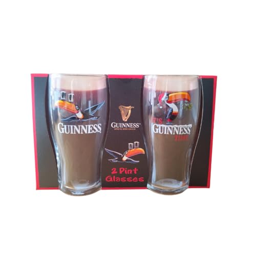 Guinness Toucan Tulip - Set di 2 bicchieri da pinta in confezione regalo, edizione classica e natalizia, prodotto ufficiale