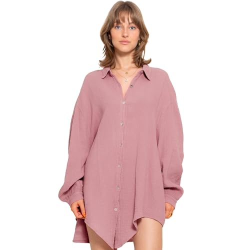 SASSYCLASSY Oversize Musselin Bluse Damen Langarm - Oversized Freizeit Look...
