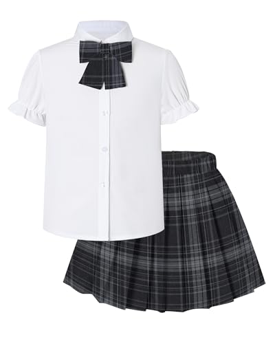 Image of Betusline Girls Skirt Set JK School Uniform 2-Piece Outfit - Short Sleeve Shirt with Bow & Pleated Skirt 4T-14Y