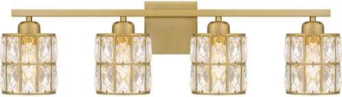 Quoizel Gibson Bath Vanity Lights, 30 Inch 4-Light Aged Brass Bathroom Lighting Fixtures Over Mirror, Clear Beveled Crystal Shade, Contemporary Wall Mount Light for Bathrooms, Kitchen or Hallway