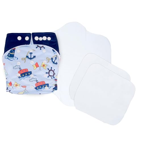 Image of Ambaby Cloth Diapers Combo Pack Quick Dry Comfort Gots Certified Free Size Button Adjustable, Washable, Reusable, Multilayered Cotton Pads And Boosters, Sea Sailor And Cup Cake Printed - Pack Of 2