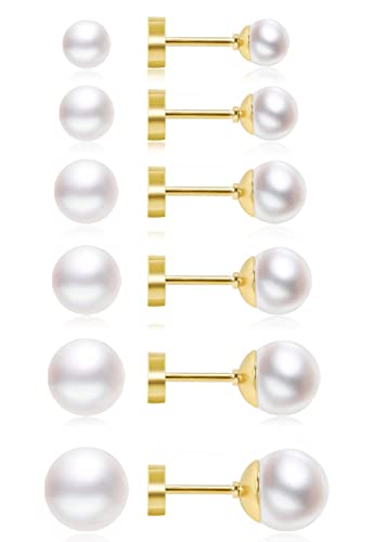 Dainty Flat Back Pearl Earrings for Women, 6 Pairs Flatback Pearl Earrings in 14K Gold Silver 3-8MM Studs Earring Sets for Multiple Piercing Hypoallergenic