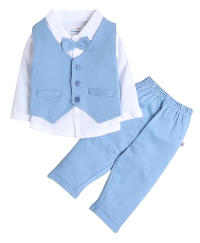 Image of BUMZEE boys Regular Fit Full Sleeves Collar Neck Cotton Shirt Waistcoat & Pant Set With Applique Bow
