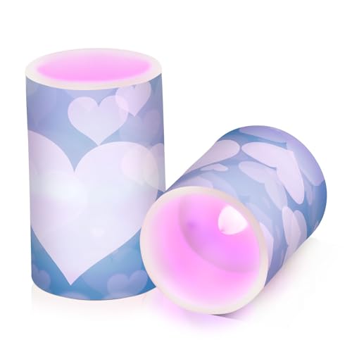 Image of Valentines Lights Flameless Candles Blue Abstract Heart Pillar Candles Set of 2 Battery Operated Remote Control Warm Lights Home Decor