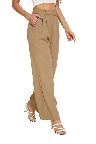 Decivi Women's Wide Leg High Waist Wide Leg Pants Loose Fit Back Elastic Waist Pleated Front Trousers For Work Casual Khaki #TOP5