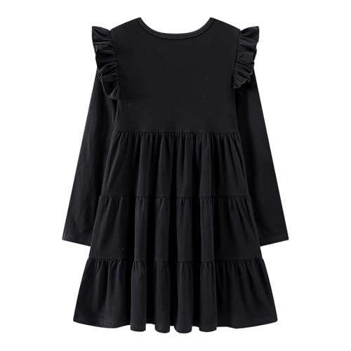 Image of Girl Long Sleeve Dress Ruffle Rainbow Color Block Cotton Casual Tiered Pleated Twirly Dress