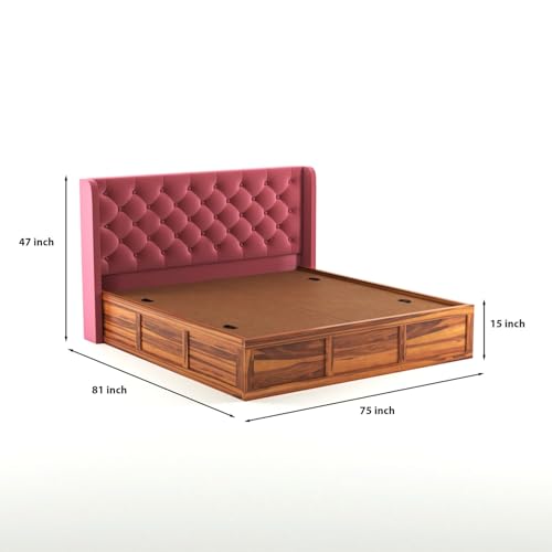 Image of Solid Sheesham Wood King Size Bed with Storage | Wooden Double Bed Cot Bed with Box Storage & Velvet Upholstered Cushioned Headboard for Bedroom (Honey A, King)