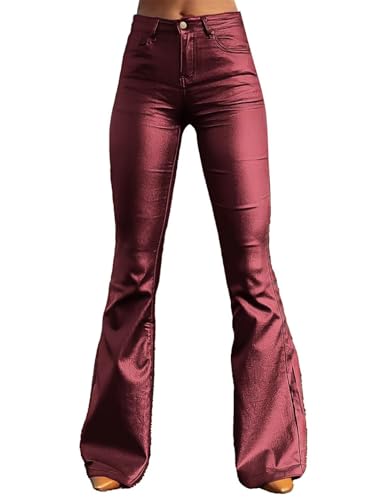 Flamingals Bootcut PU Leather High Waist Flare Legs Vintage Pocket Pants Winter Trendy