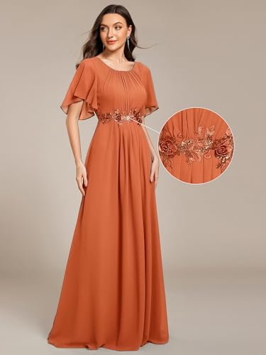 Image of Ever-Pretty Women's Classic Round Neck Pleated Short Sleeves Chiffon Appliques Floor Length A Line Formal Evening Dresses