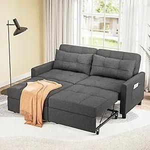 Aiho Pull Out Couch - 58" Loveseat Sofa Bed, Convertible with Separate Ottoman & Adjustable Backrest, 3-in-1 Sleeper for Small Apartment, Dark Gray