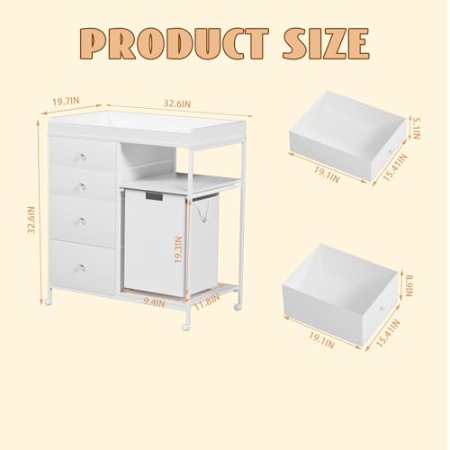 Image of 4-Drawer Storage Changing Station Dresser with Changing Table Top Mobile Baby Nursery Dresser with 1 Open Shelf and 1 Laundry Hamper Diaper Changing Station for Infant,White