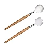 Cabilock 2 Stück Edelstahl Salatbesteck Set mit Holzgriff Salatlöffel und Gabel Spülmaschinenfest Ergonomisch Klassisches Design für Picknick Party Alltagsgebrauch