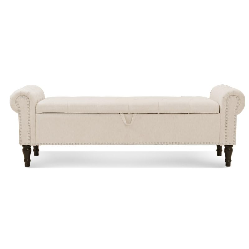 Image of 3-Seater Upholstered Ottoman Bench with Storage | White |62.4 x 20.1 x 20.7 Inch| Elegant Multi-Purpose with 6-Inch Wooden Legs for Living Room, Bedroom, Entryway