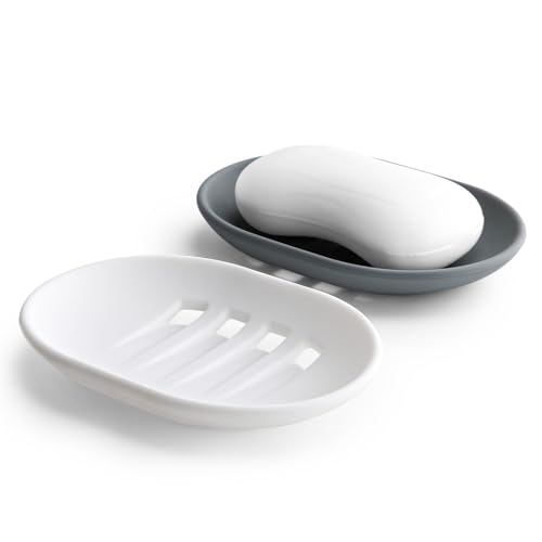 Oamwrae 2pcs Silicone Soap Dish with Drainage, Non-slip and Portable Soap Holder, Soap Dishes for Bathroom, Shower, Kitchen (Grey & White)