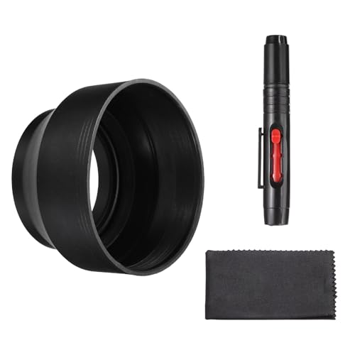 Capuchón para lente de cámara PATIKIL de goma, plegable en 3 pasos, negro, universal, protector contra el sol, con paño de limpieza de fibra y bolígrafo limpiador miniatura 1