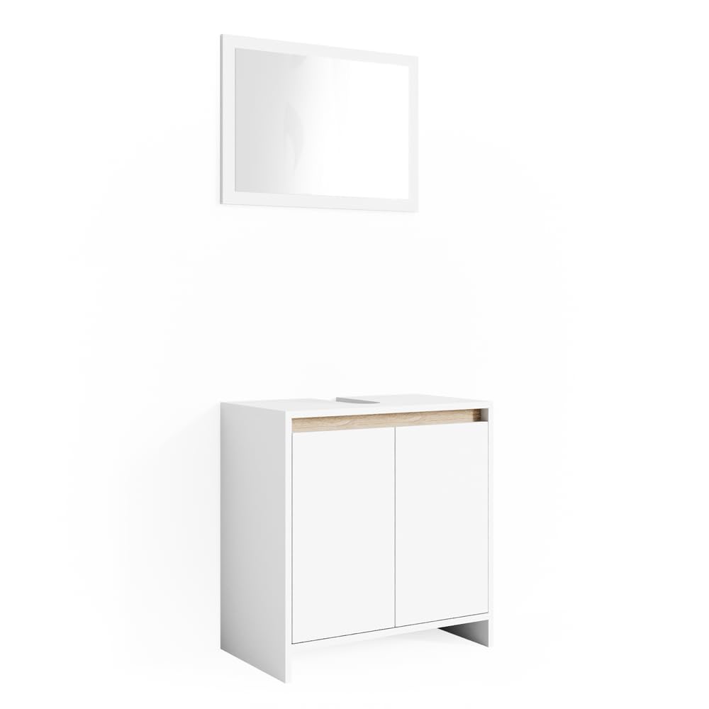 Vicco Set mobili bagno Emma, Bianco/Sonoma, 58 cm, composto da specchio da bagno e mobile sottolavabo