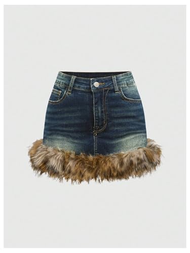 MakeMeChic Women's Mini Denim Skirt Fuzzy Zip Up Y2K Bodycon Jean Skirt with Pocket2