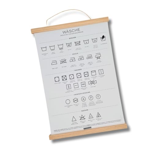 Listenwissen Kunstdruck Waschguide I DIN A3 I Waschküche I Waschsymbole I deutsch I Laundry Schild I Deko I Dekoration I Wäschepflege I Waschmaschine I Waschzeichen (Poster inkl. Leiste (beige)