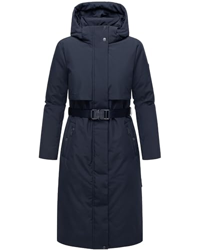 Navahoo Damen Wintermantel warmer, wasserabweisender Parka mit (abnehmbarer) Kapuze und Taillengürtel Waldbummler 14 Navy Gr. XL