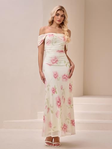 Image of KUTUMAI Women Floral Off Shoulder Maxi Dress Summer Ruched Bodycon Long Formal Wedding Guest Dresses 2026