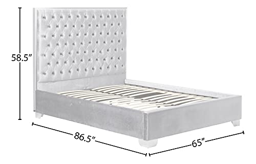 Meridian Furniture Lexi Collection Modern | Contemporary Velvet Upholstered Bed With Deep Tufting, Polished Chrome Stainless Steel Frame And Legs, Queen, Grey #TOP4