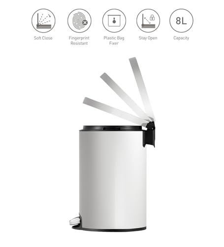 Image of Obsessions EKO Soft-Close Bathroom Trash Can - 8L Stainless Steel Pedal Bin with Lid & Liner, Elegant White Waste Basket for Home & Kitchen