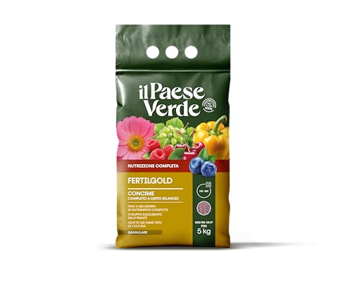 Il Paese Verde FertilGold 5kg - Concime Universale a Lenta Cessione di Altissima Qualità per Colture di Pregio. Ideale per Piante Ornamentali e da Frutto, Ortaggi, Piante Fiorite e Tappeti Erbosi.