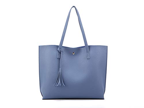 Nodykka Bolsa feminina com alça superior, bolsa de couro sintético de poliuretano com borla, Azul, One Size