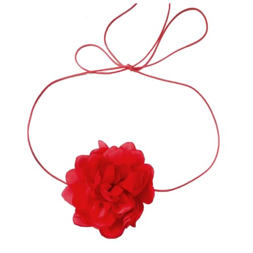 Wambere 1 Stück Blumenhalskette Damen Halsband Blumen Choker Halskette Handgefertigte Halsketten Frauen Vintage Lange Band Choker Blumenkette für Hochzeit Geburtstag Party Abschlussball,Rot