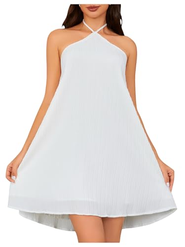 Image of OYOANGLE Women's Summer Beach Dresses Sleeveless Halter Tie Back Solid Backless Flared Short Dress