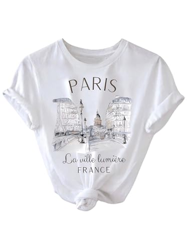 SweatyRocks Women's Paris Letter Graphic Tees Crew Neck Short Sleeve Casual T Shirt Tops