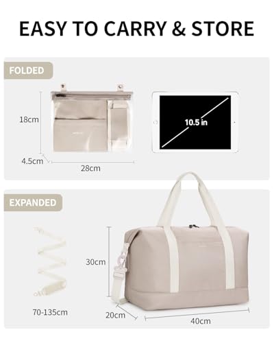 ECOHUB Ryanair Handgepäck Tasche 40x30x20, 20L Ryanair Handgepäck 40x20x25 für Flugzeug, Faltbare Reisetasche Mit Abnehmbar Nass-Tasche, Ryan Airlines Bag 40x20x25, Weekender Damen Herren(Beige)