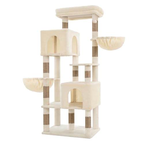 Image of Heybly 68.1 inch Cat Tree with Oversized Top Platform & Wide Base HCT059MJ | Heavy Duty Cat Tower for Large Indoor Cats with 2 Condos, 2 Hammocks, 10 Sisal Scratching Posts, Stable Cat House, Beige