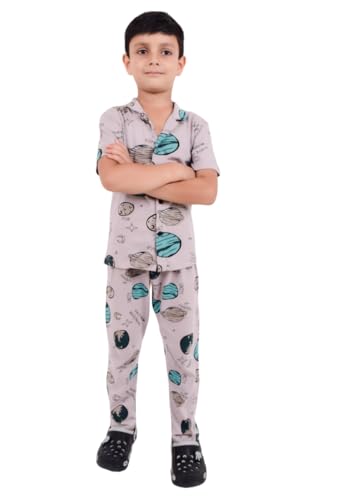 Image of 3BROS Unisex Pure Cotton Short Sleeve Kids Night Dress for Boys & Girls Nightwear /Sleepsuit /Sleepwear /Loungewear Night Suit for Boys and Girls Top and Pyjama Combo Set | JB20HS6031-Parent