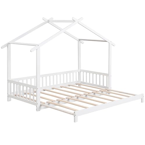 COSTWAY Cama Casa Infantil Extensible 180/95 x 200 cm, Cama Niño Individual y Doble, Cama Casita Blanco, con Barandilla de Seguridad, Estructura de Madera