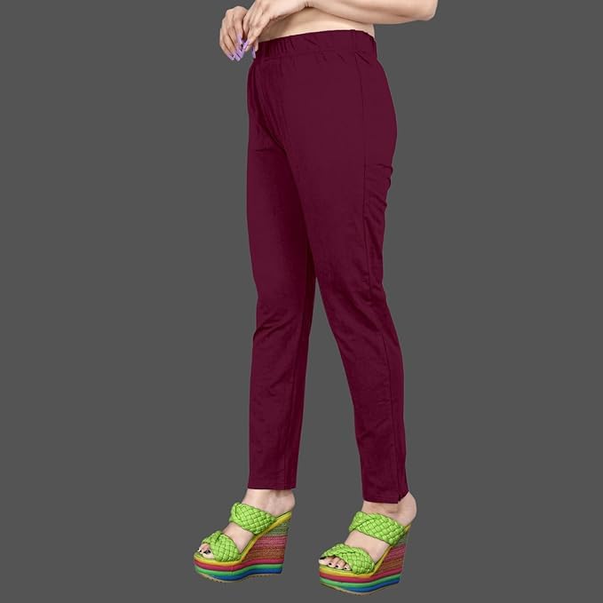 Image of Women's Solid Cotton Lycra Pants-High Waist Slim Fit Stretchable Leggings - Comfortable Long Trousers for Casual, Office & Everyday Wear