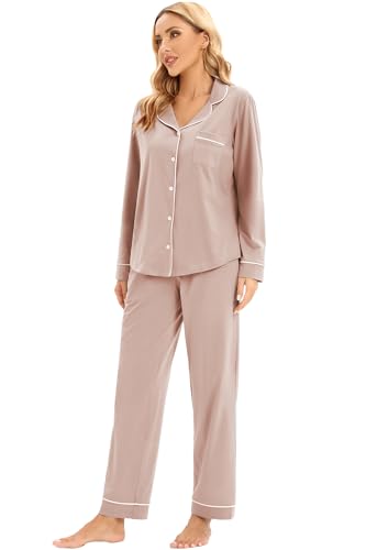 Image of LUBOT 100% Cotton Pajamas for Women Pajama Set Soft 2 Piece Sleepwear PJ Set Long Sleeve Knit Button Cozy Loungewear XS-XXL