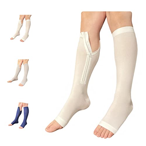 Image of Open Toe 15-20 mmHg Compression White Navy Gray Inside Leg Zipper Socks