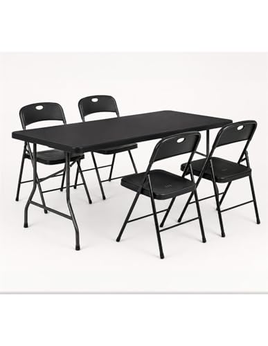 Jardin202   Mesa Plegable Rectangular 180x70x74cm Catering | Mesa Resina con Patas de Acero Plegable para Eventos y terrazas | + 4 Sillas (Negro)