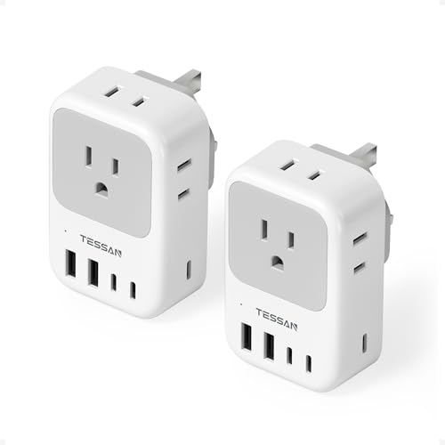 Type G Adapter for Travel 28W, TESSAN US to UK Plug Adapter with 4 Outlets 5 USB Ports (3 USB-C), Power Outlet Adaptor for USA to Ireland England London British Scotland Hong Kong Kenya, 2 P