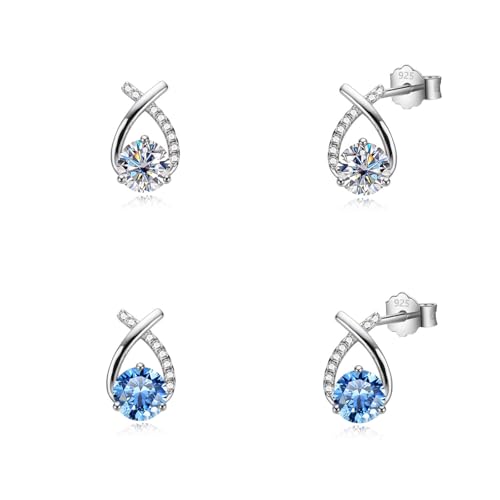 HinDaLi 2 Pairs 925 Sterling Silver Earrings for Women Girls Sparkly Diamond Solitaire Ear Studs Round Cubic Zirconia Earring Blue Crystal Silver Stud Earrings for Women Ladies Sleeper Hypoallergenic