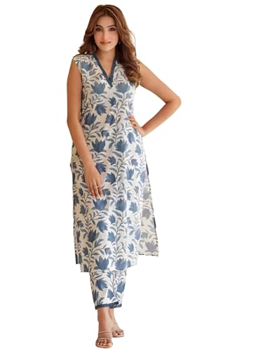 INDACORIFY Women's Cord Shirt Set Dress Cotton Beautiful Floral Printed Work Kurti Pant Indian Suit