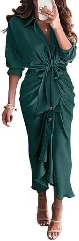 BTFBM Maxi Dresses for Women Fall 2025 Long Sleeve Lapel Neck Button Down Elegant Satin Belted Ruched Summer Shirt Dress